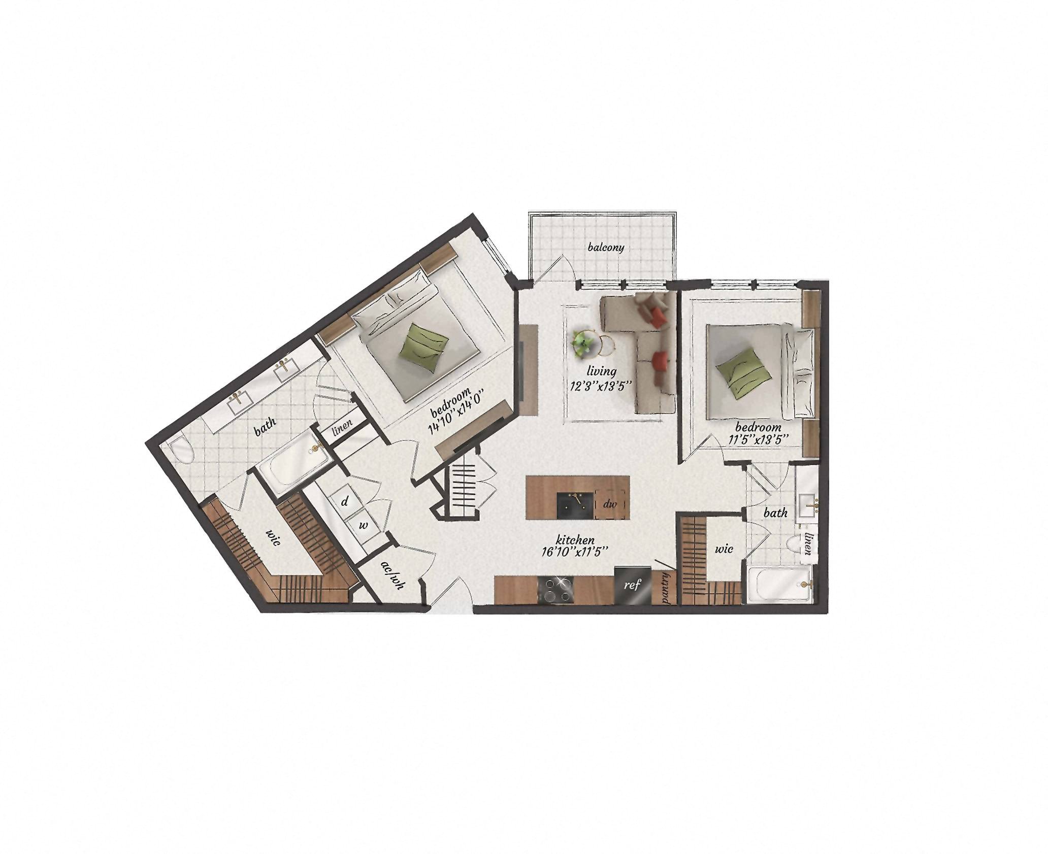 Floor plan for 2 beds, 2 baths, 1150 sqft